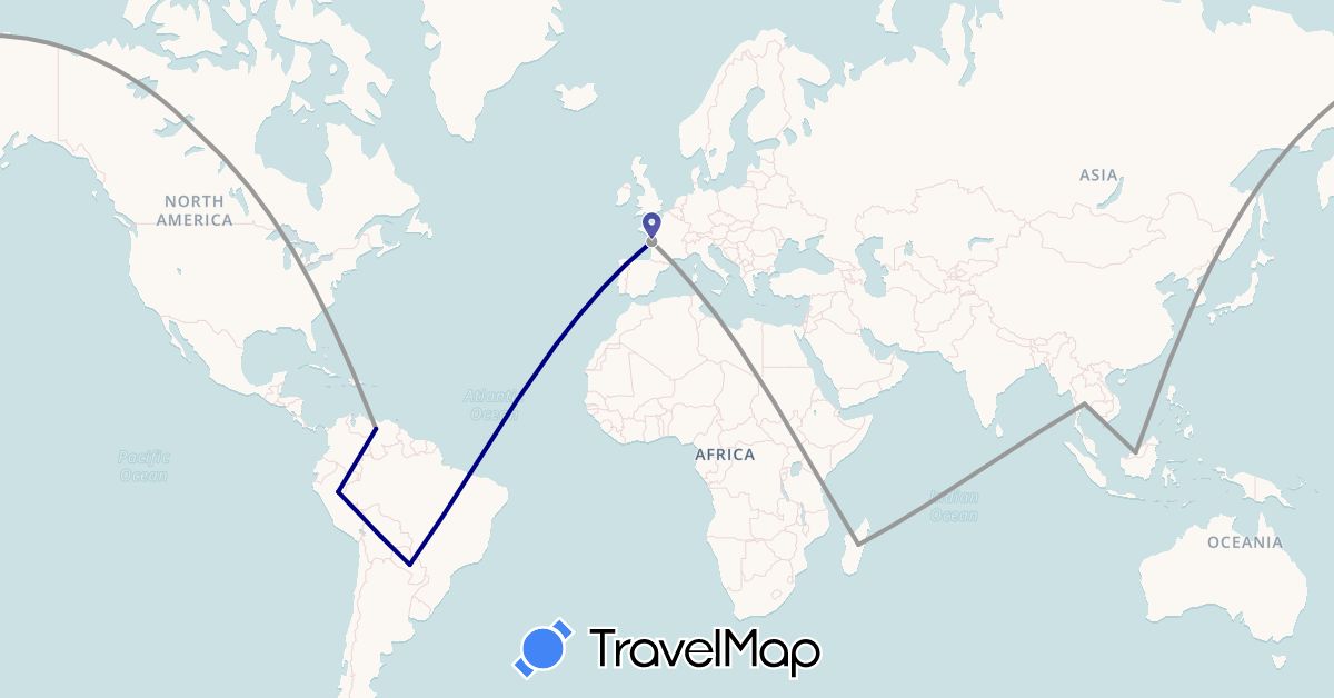 TravelMap itinerary: driving, plane in Bolivia, Canada, France, Madagascar, Malaysia, Peru, Paraguay, Thailand, Venezuela (Africa, Asia, Europe, North America, South America)